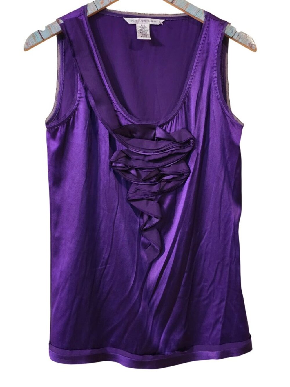 Diane Von Furstenberg DVF Women's Silk Purple Ruffle Front Top, Sz 2